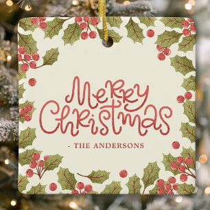 Prettig kerstfeest waterverf hulstblaadjes keramisch ornament