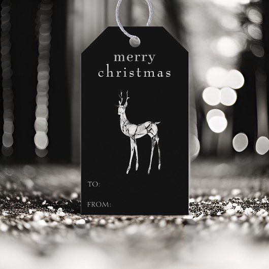 Prettig Kerstfeest Waterverf Rendier Modern Zwart Cadeaulabel