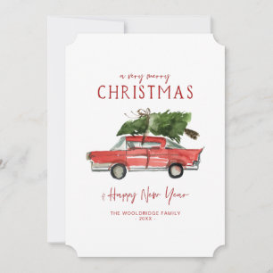 Prettig kerstfeest Waterverf Rode Auto Feestdagenkaart