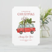 Prettig kerstfeest | Waterverf Rode Bus Feestdagenkaart (Staand voorkant)