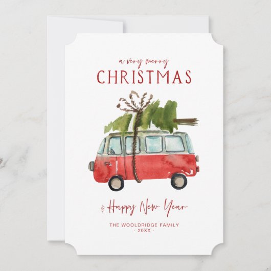 Prettig kerstfeest | Waterverf Rode Bus Feestdagenkaart (Voorkant)