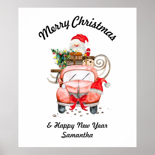 Prettig kerstfeest waterverf Santa autocaadeau Poster (Voorkant)