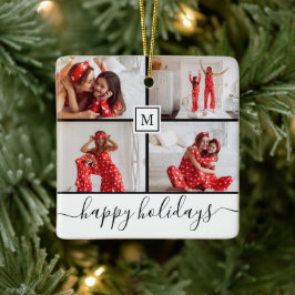 Prettig Kerstfeest White Familie Fotocollage Monog Keramisch Ornament
