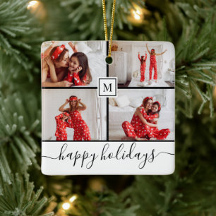 Prettig Kerstfeest White Familie Fotocollage Monog Keramisch Ornament