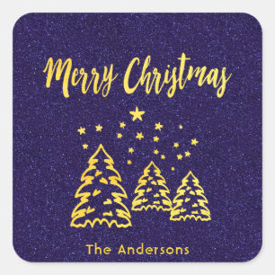 Prettig kerstfeest winter bos blauwe glitters goud vierkante sticker