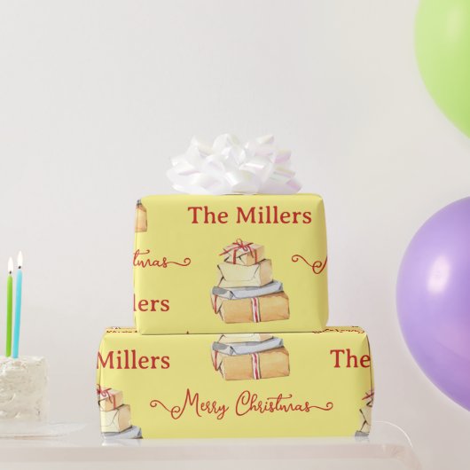 Prettig kerstfeest Winter Familie Gele Cadeaus Cadeaupapier (Feestgeschenken)