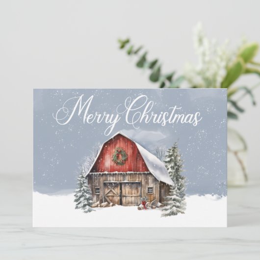 Prettig kerstfeest Winter Sneeuw Boerderij Schuur Feestdagenkaart (Staand voorkant)