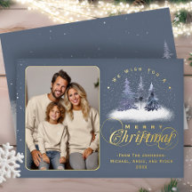 Prettig Kerstfeest Winter Sneeuw Familie Foto Goud