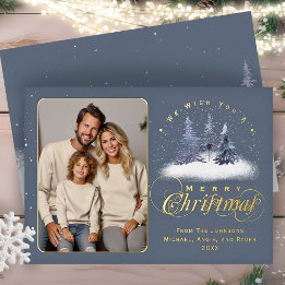 Prettig Kerstfeest Winter Sneeuw Familie Foto Goud Folie Feestdagenkaart