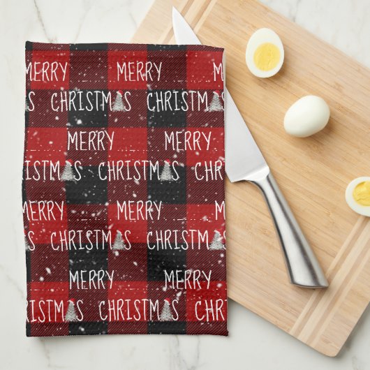 Prettig kerstfeest Witte bomen op Buffalo Plaid Theedoek (Quarter Fold)