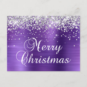 Prettig kerstfeest Zilver Glitter Paarse Folie Feestdagenkaart