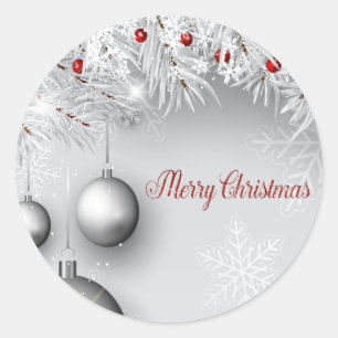 Prettig kerstfeest, Zilveren ballen, takken, Sneeu Ronde Sticker