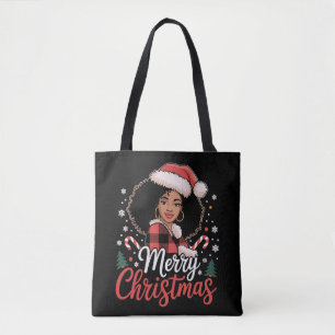 Prettig kerstfeest zwart Afrikaans meisje kerstmut Tote Bag