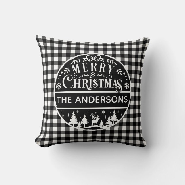 Prettig kerstfeest zwart-wit geruit eigen naam kussen (Voorkant)