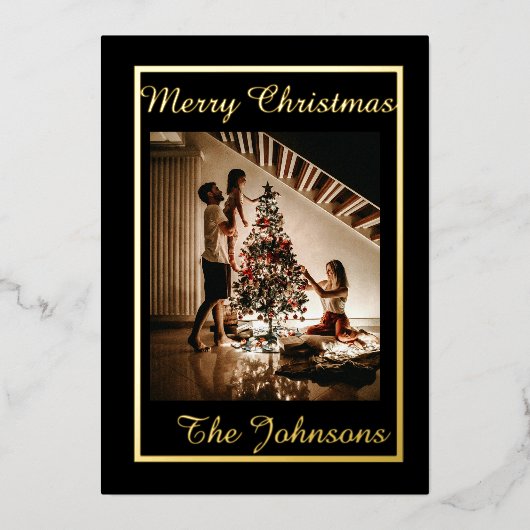 Prettig kerstfeest Zwarte Goud Eenvoudig Modern Fo Folie Feestdagenkaart (Voorkant)