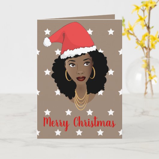 Prettig kerstfeest! Zwarte vrouw kerstmannenhoed w Kaart (Gele Bloem)