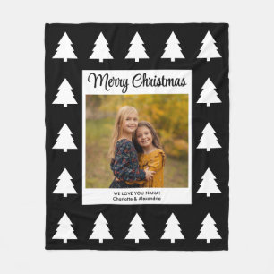 Prettig kerstfeest Zwarte Witte Bomen Foto Fleece Deken