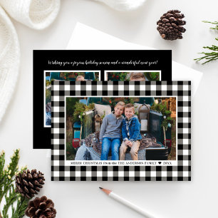 Prettig kerstfeest Zwarte Witte Buffalo Plaid Foto Feestdagenkaart