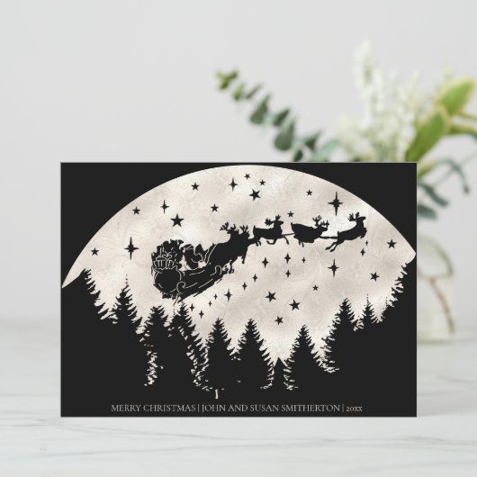 Prettig kerstfeest Zwarte Witte Kerstman slee rend Feestdagenkaart (Staand voorkant)