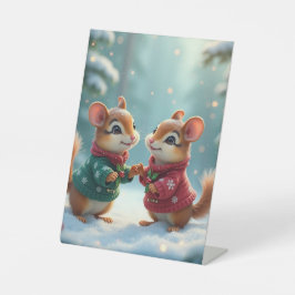 Prettig kerstgrondeekhoorn kerstfeest reclamebord met voetstuk