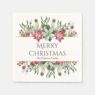 Prettig Kerstmis Aquarel Winter Bloemen Naam Servet