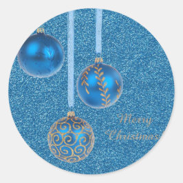 Prettig Kerstmis Ballen Goud Blauw Glitterserre Ronde Sticker