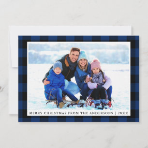 Prettig Kerstmis Blauw Geruit Gezinsfotokaart Feestdagenkaart