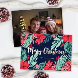 Prettig Kerstmis Blauw Rood Elegante Botanische Fo Folie Feestdagenkaart