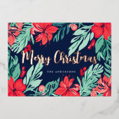 Prettig Kerstmis Blauw Rood Elegante Botanische Folie Feestdagenkaart (Voorkant)