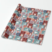 Prettig Kerstmis Blauw Rood Tartan Patchwork Cadeaupapier (Uitgerold)