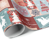 Prettig Kerstmis Blauw Rood Tartan Patchwork Cadeaupapier (Rol Hoek)