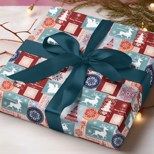 Prettig Kerstmis Blauw Rood Tartan Patchwork Cadeaupapier