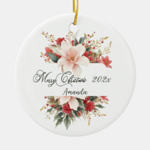 Prettig Kerstmis Calligrafie Waterverf Bloemstuk Keramisch Ornament