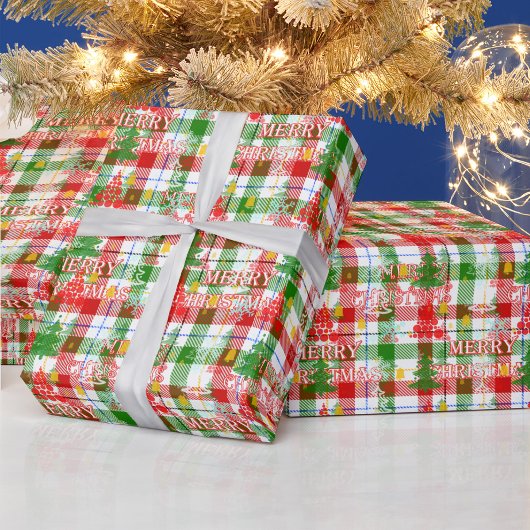 Prettig Kerstmis decoratieve geruite tartan  Cadeaupapier