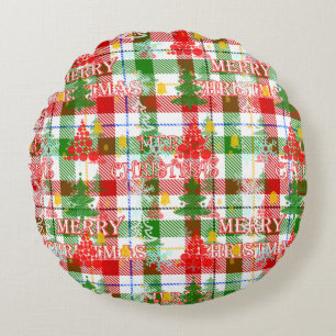 Prettig Kerstmis decoratieve geruite tartan  Rond Kussen