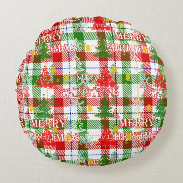 Prettig Kerstmis decoratieve geruite tartan  Rond Kussen (Voorkant)