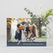 Prettig Kerstmis Familie Foto Elegant Modern Blauw Kaart (Staand voorkant)