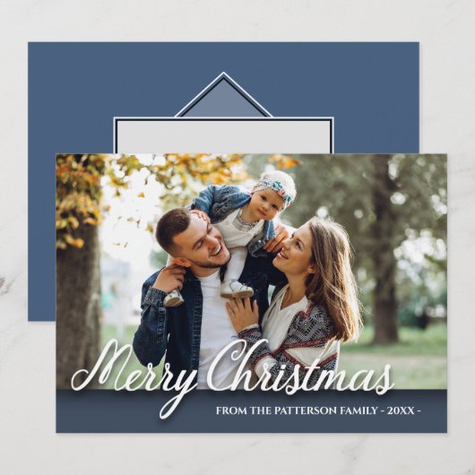Prettig Kerstmis Familie Foto Elegant Modern Blauw Kaart (Voorkant / Achterkant)