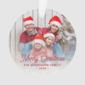 Prettig Kerstmis Familie Foto Rode Script Ornament (voorkant)