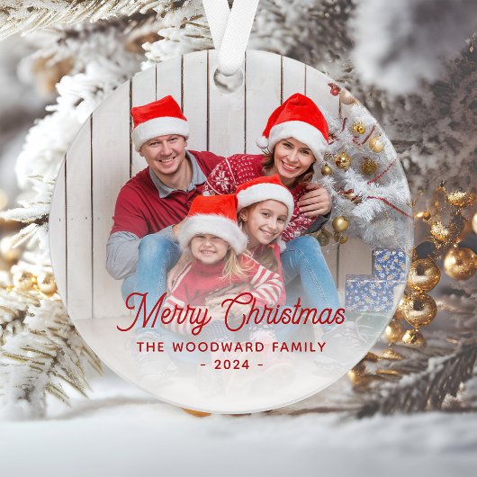 Prettig Kerstmis Familie Foto Rode Script Ornament