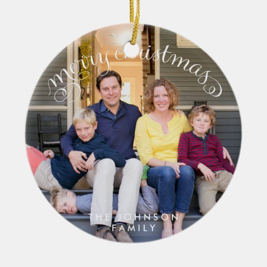 Prettig Kerstmis familiefoto Keramisch Ornament (Voorkant)