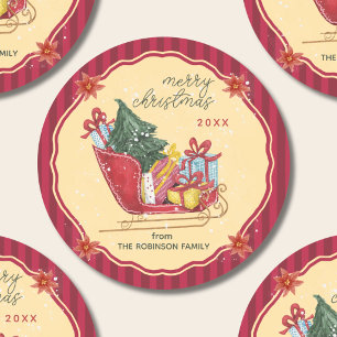 Prettig Kerstmis Familienaam slee rood gestreept Ronde Sticker