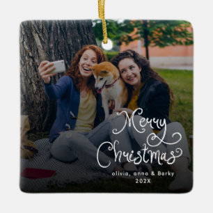 Prettig Kerstmis Fantasievol Schrift Familie Foto Keramisch Ornament