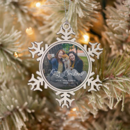 Prettig Kerstmis Fantasievol Schrift Familie Foto  Tin Sneeuwvlok Ornament