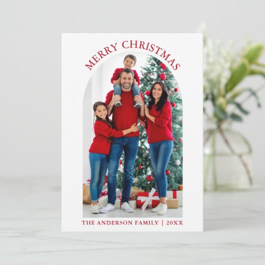 Prettig Kerstmis Foto Boog Sneeuwvlokken Rood Feestdagenkaart (Staand voorkant)