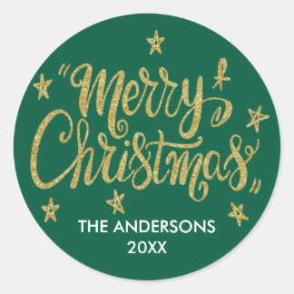 Prettig Kerstmis Gouden Glitter Sterren Ronde Sticker