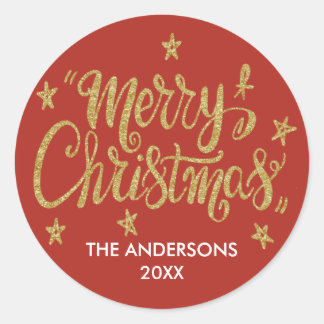 Prettig Kerstmis Gouden Glitter Sterren Ronde Sticker