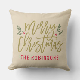 Prettig Kerstmis Gouden Schrift Familienaam Beige Kussen