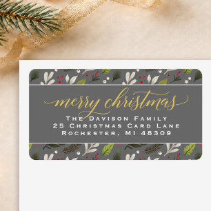 Prettig Kerstmis Grijs Goud Elegant Script Adres Etiket