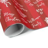Prettig Kerstmis Hand Getekende Doodle Rode Strepe Cadeaupapier (Rol Hoek)